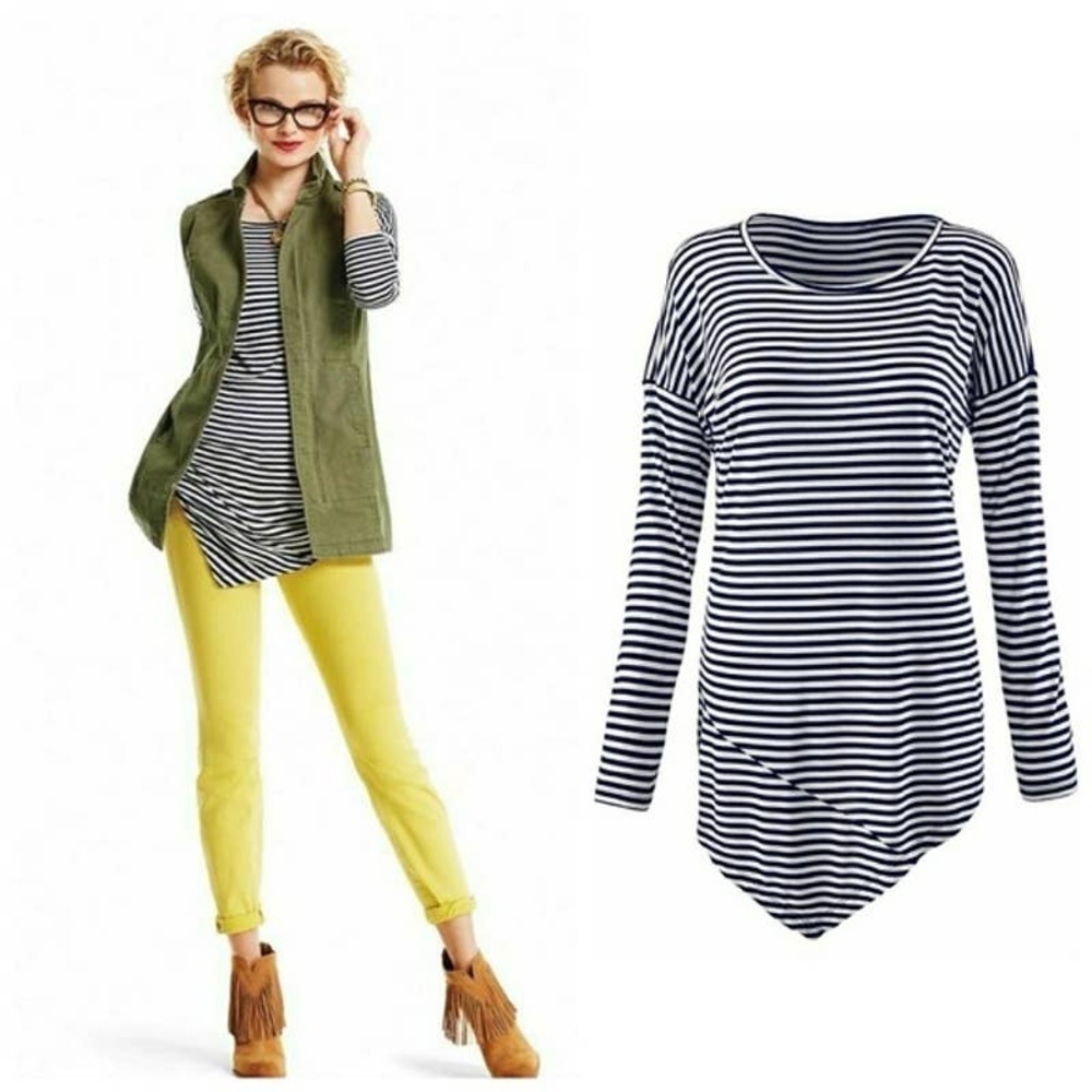 Cabi Top Tee Tunic Size M Boat Neck Long Sleeve Asymmetrical Stripe Black White